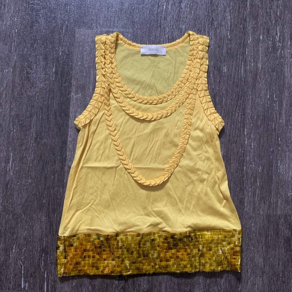 Pringle Of Scotland Yellow Embellished‎ Beaded Hem Tank Top Women Size 8